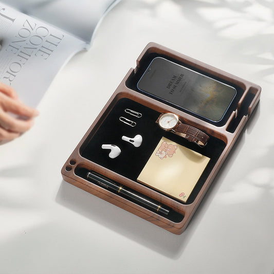 Faux Walnut Wood Grain Resin Valet Tray, Multi Divider Bedside Catchall Organizer , Nightstand Storage Tray for Smartphone Watch Earbuds Keys Pens, Minimalist Tabletop Decor
