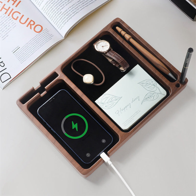 Faux Walnut Wood Grain Resin Valet Tray, Multi Divider Bedside Catchall Organizer , Nightstand Storage Tray for Smartphone Watch Earbuds Keys Pens, Minimalist Tabletop Decor