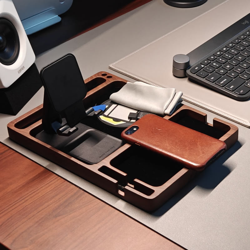 Faux Walnut Wood Grain Resin Valet Tray, Multi Divider Bedside Catchall Organizer , Nightstand Storage Tray for Smartphone Watch Earbuds Keys Pens, Minimalist Tabletop Decor