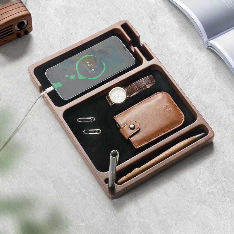 Faux Walnut Wood Grain Resin Valet Tray, Multi Divider Bedside Catchall Organizer , Nightstand Storage Tray for Smartphone Watch Earbuds Keys Pens, Minimalist Tabletop Decor
