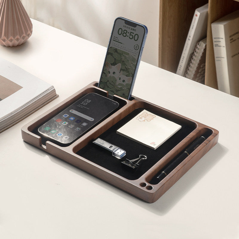 Faux Walnut Wood Grain Resin Valet Tray, Multi Divider Bedside Catchall Organizer , Nightstand Storage Tray for Smartphone Watch Earbuds Keys Pens, Minimalist Tabletop Decor