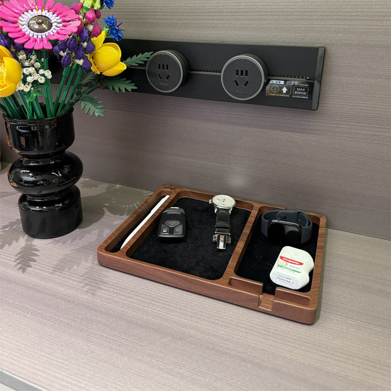 Faux Walnut Wood Grain Resin Valet Tray, Multi Divider Bedside Catchall Organizer , Nightstand Storage Tray for Smartphone Watch Earbuds Keys Pens, Minimalist Tabletop Decor