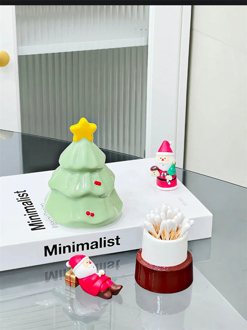 Festive Christmas Tree Toothpick Holder&Cotton Swab Storage - Mint Green Ceramic Holiday Decor