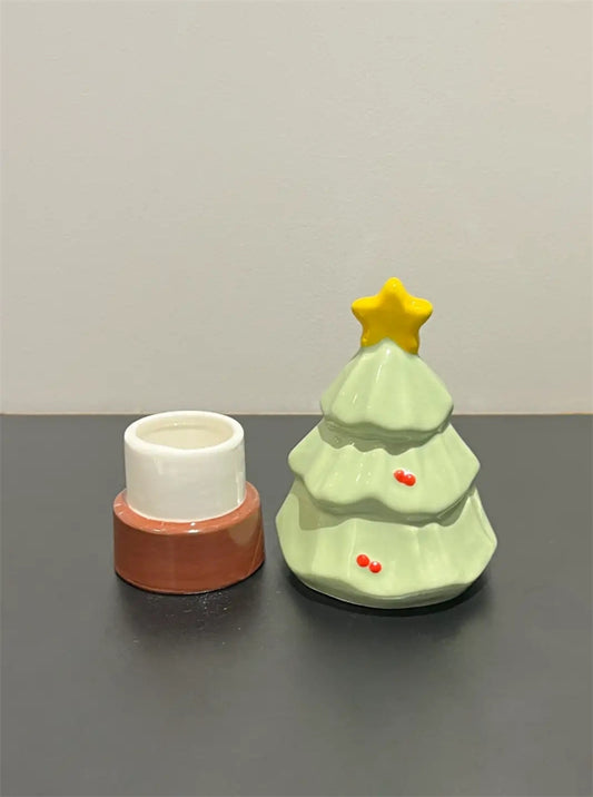 Festive Christmas Tree Toothpick Holder&Cotton Swab Storage - Mint Green Ceramic Holiday Decor