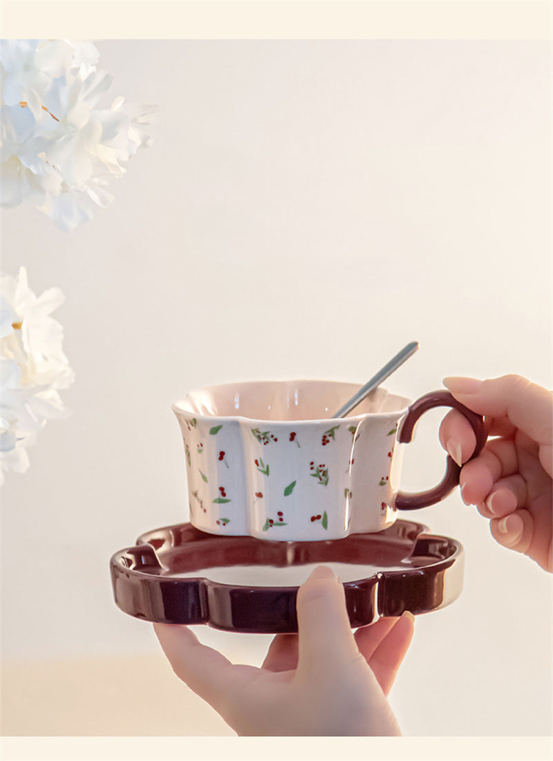Floral - Printed Ceramic Tea Cup and Saucer Set, Scalloped Edge Coffee Mug