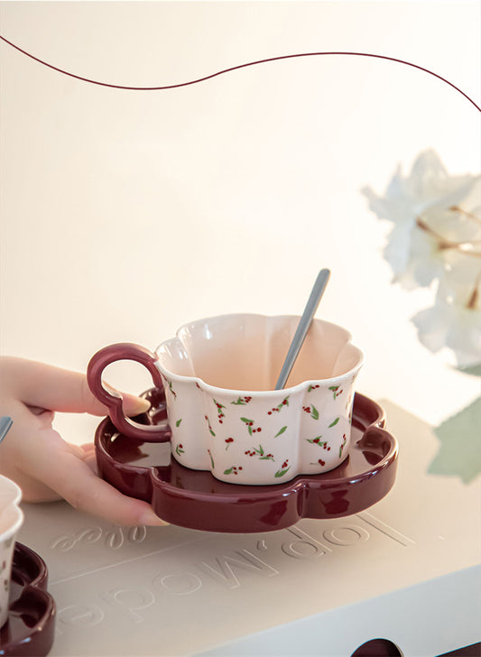 Floral - Printed Ceramic Tea Cup and Saucer Set, Scalloped Edge Coffee Mug