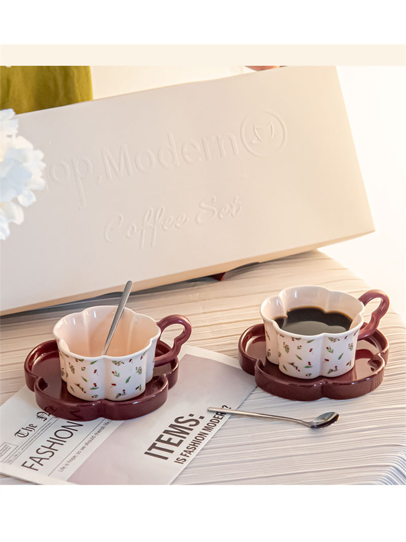Floral - Printed Ceramic Tea Cup and Saucer Set, Scalloped Edge Coffee Mug