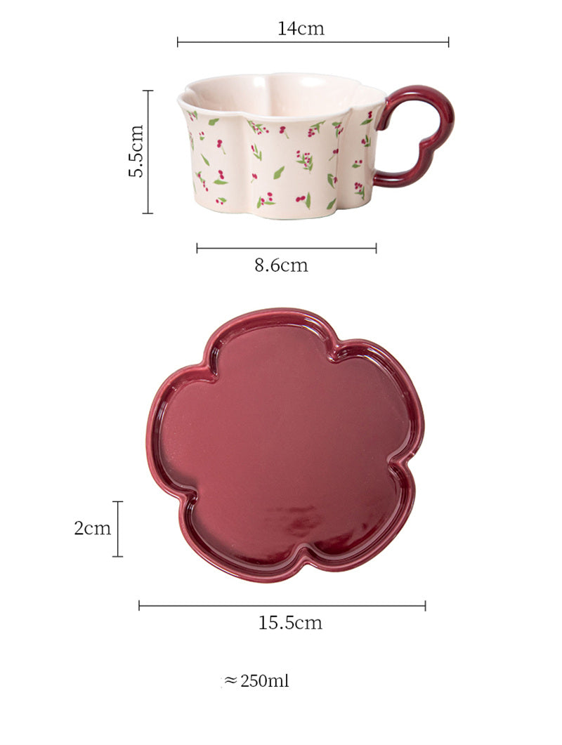 Floral - Printed Ceramic Tea Cup and Saucer Set, Scalloped Edge Coffee Mug