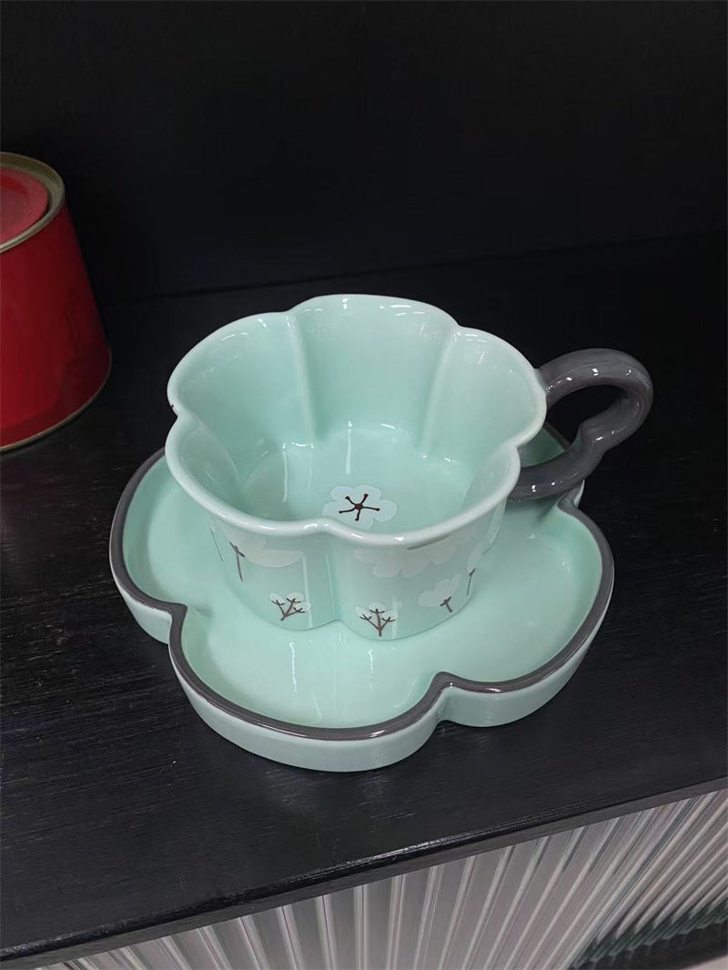 Floral - Shaped Ceramic Cup and Plate Set, Mint Green Tea Cup with Saucer
