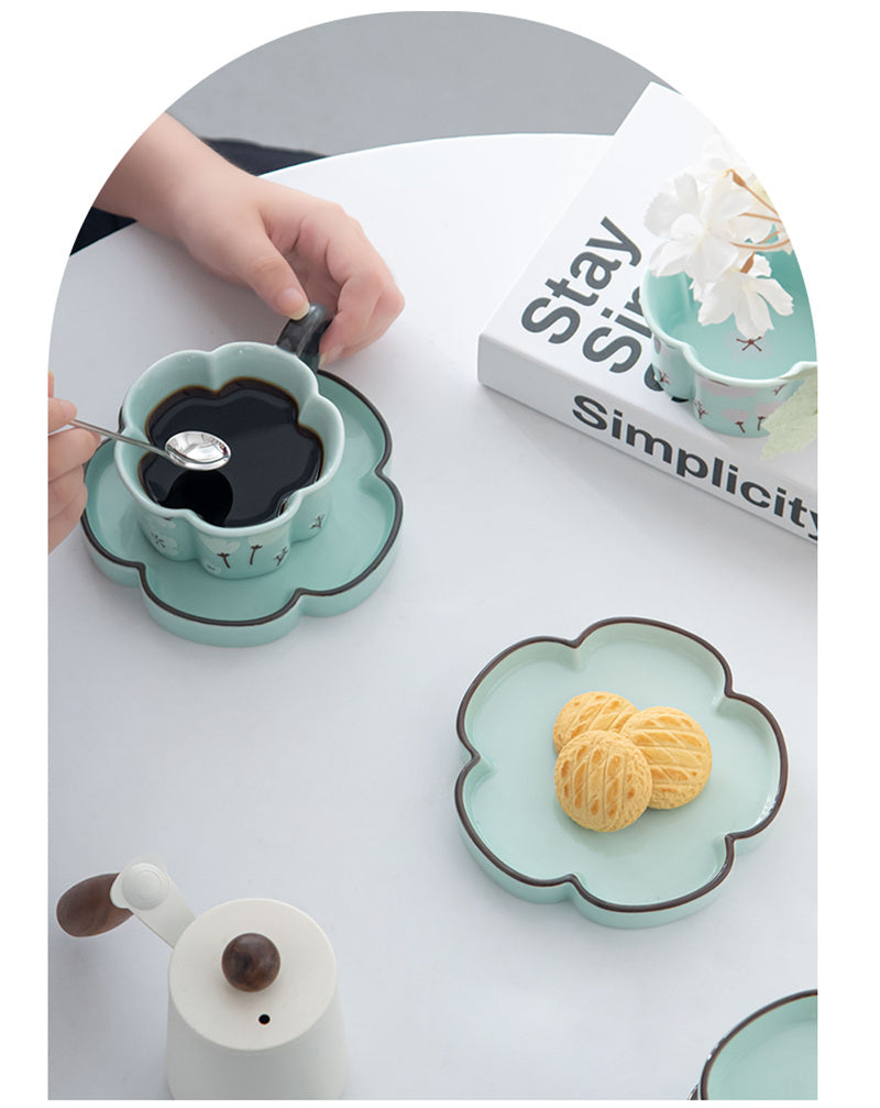 Floral - Shaped Ceramic Cup and Plate Set, Mint Green Tea Cup with Saucer