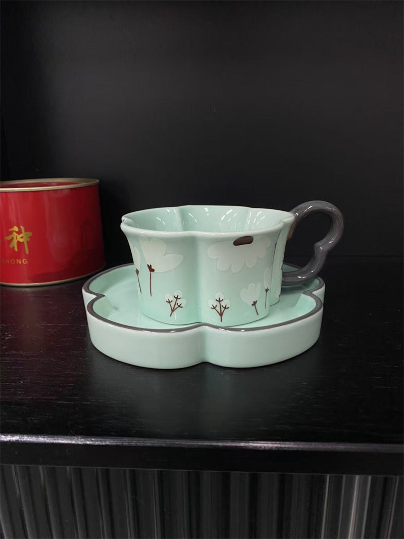 Floral - Shaped Ceramic Cup and Plate Set, Mint Green Tea Cup with Saucer