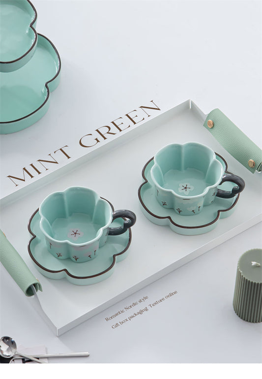 Floral - Shaped Ceramic Cup and Plate Set, Mint Green Tea Cup with Saucer