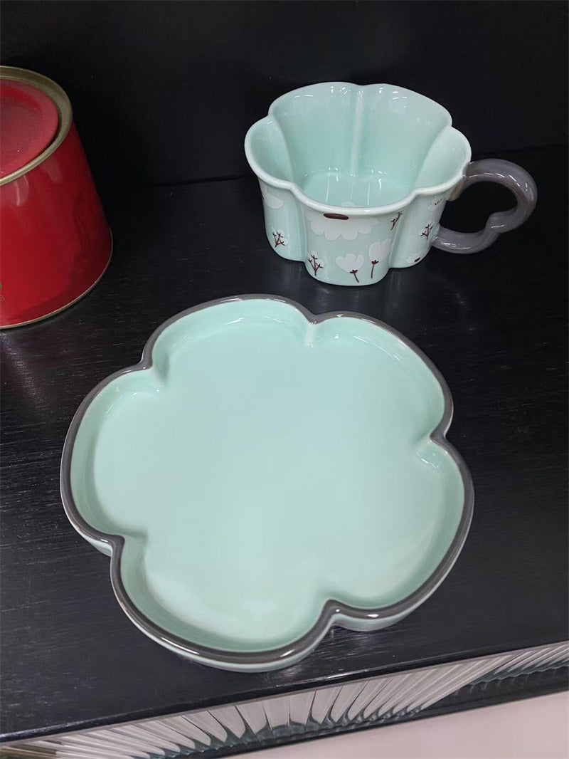 Floral - Shaped Ceramic Cup and Plate Set, Mint Green Tea Cup with Saucer