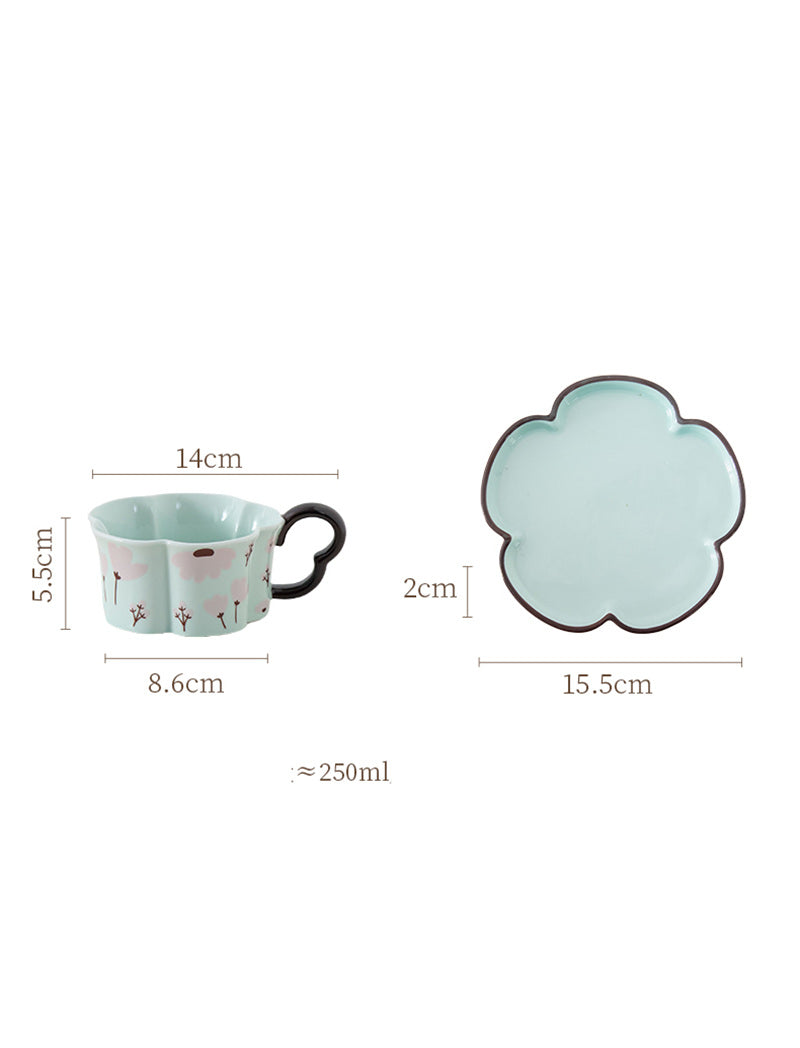 Floral - Shaped Ceramic Cup and Plate Set, Mint Green Tea Cup with Saucer