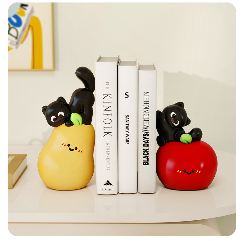 Fruit & Cat Bookends Set - Whimsical Pear & Apple Design,Office Decor