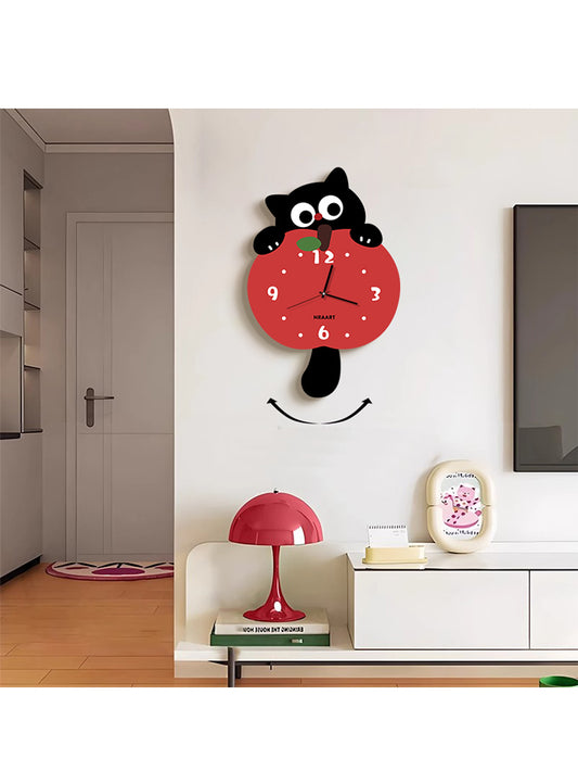 Fun Apple-Eating Cat Wall Clock - Whimsical and Playful Home Decor