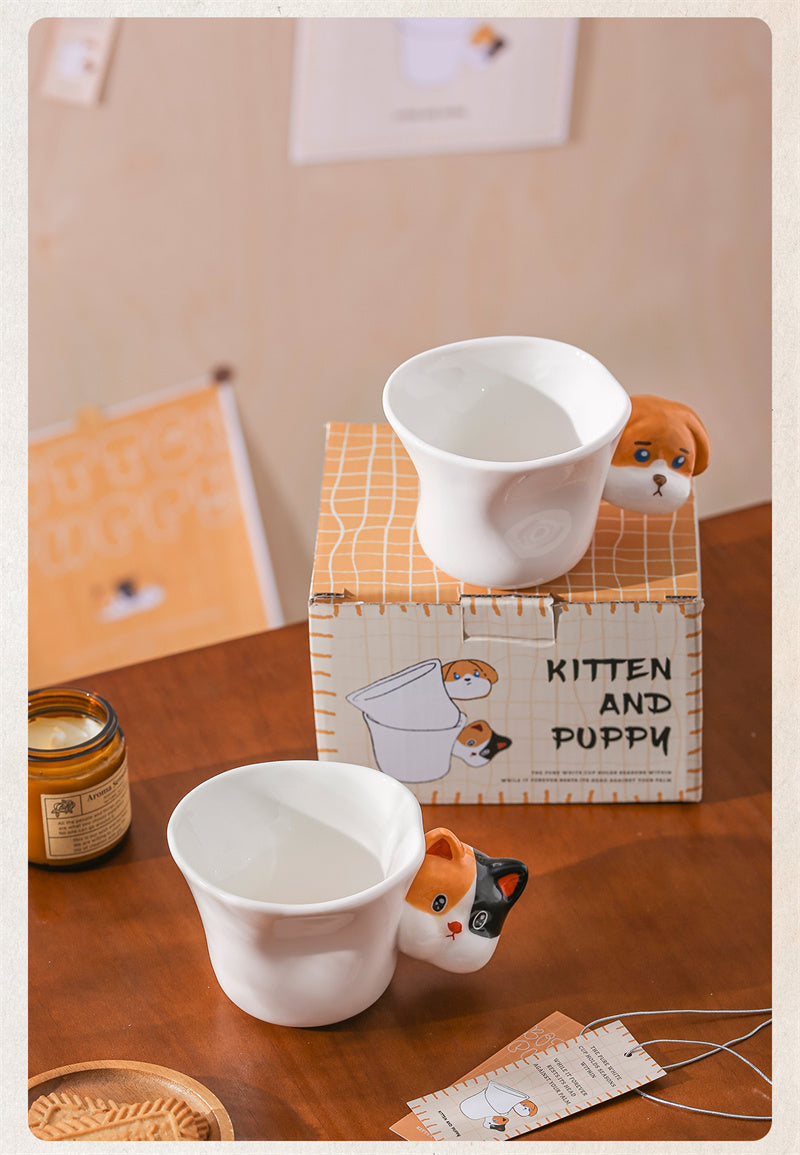 Fun Ceramic Coffee Mug with Cat & Dog Head Handles - Animal Lover’s Cute Drinkware