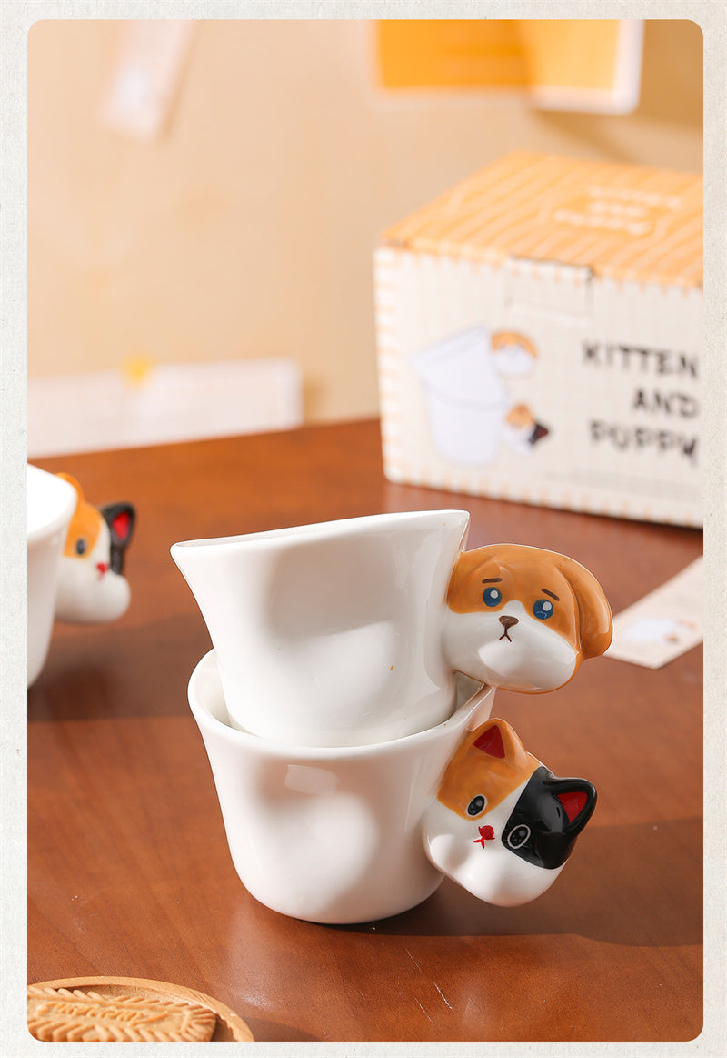 Fun Ceramic Coffee Mug with Cat & Dog Head Handles - Animal Lover’s Cute Drinkware