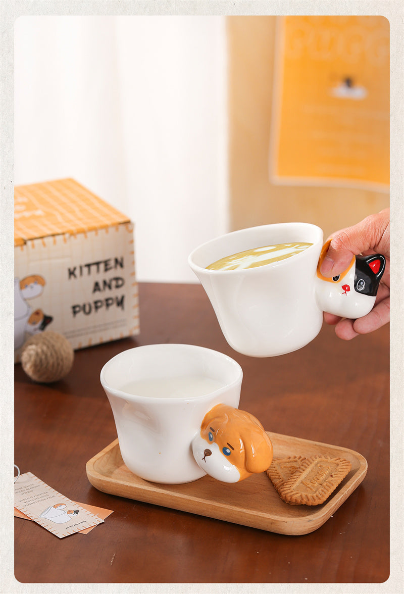 Fun Ceramic Coffee Mug with Cat & Dog Head Handles - Animal Lover’s Cute Drinkware