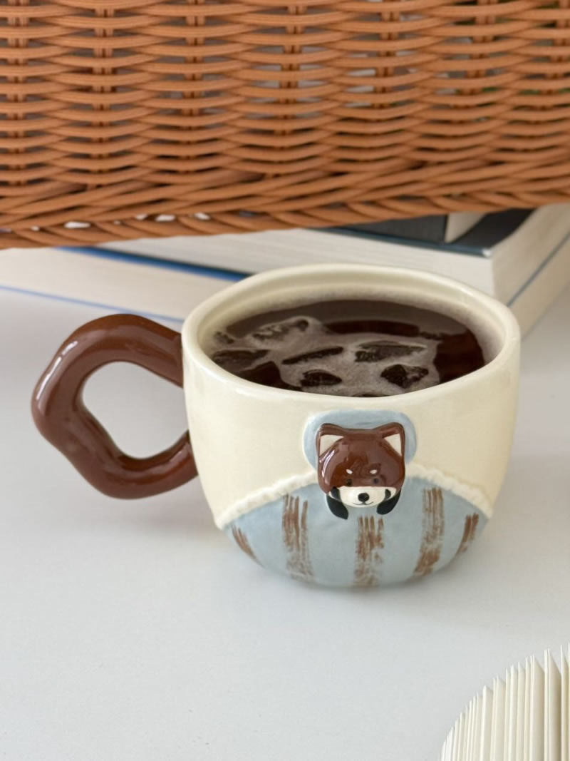 Funny 3D Bear Ceramic Mug,Cute Animal Hand‑Painted Striped Coffee Tea Cup