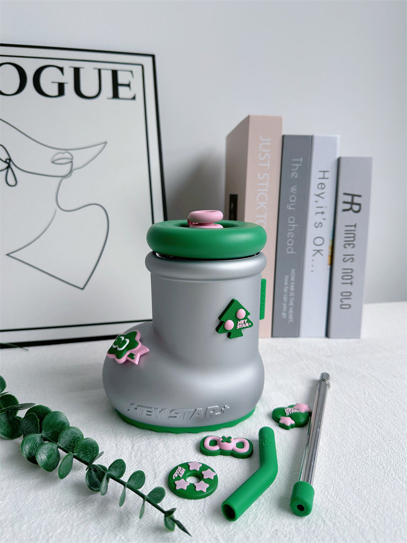 Funny Boot-Shaped Glass Straw Cup - Cute Style Water Bottle with Silicone Straw