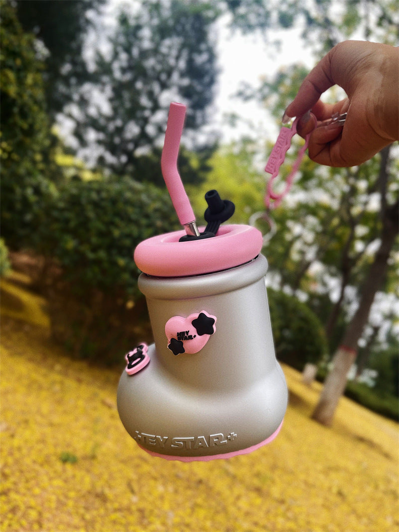 Funny Boot-Shaped Glass Straw Cup - Cute Style Water Bottle with Silicone Straw