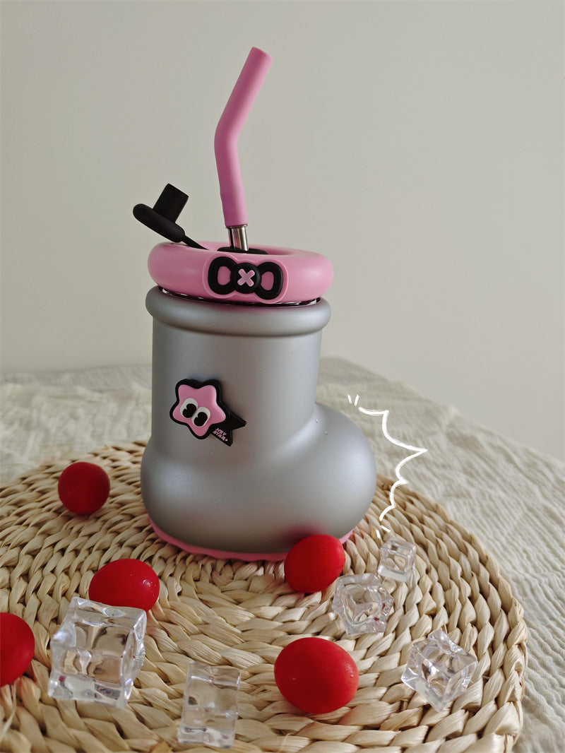 Funny Boot-Shaped Glass Straw Cup - Cute Style Water Bottle with Silicone Straw