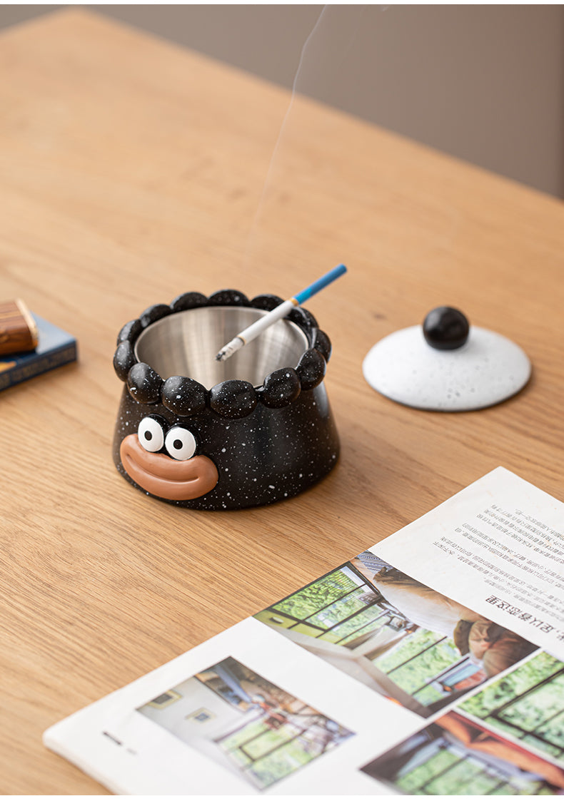 Funny Cartoon Face Ashtray with Lid - Big Eyes & Lips Design