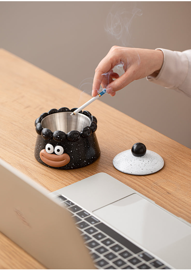 Funny Cartoon Face Ashtray with Lid - Big Eyes & Lips Design