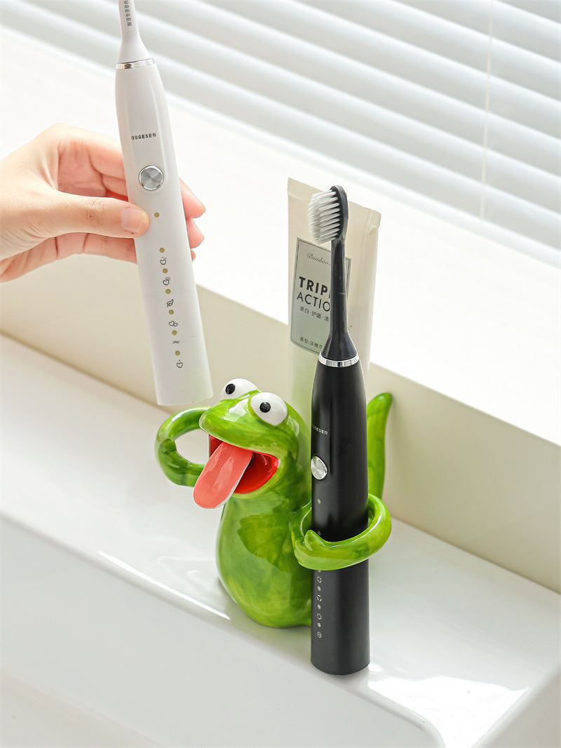 Funny Hugging Frog Ceramic Toothbrush Holder, Cartoon Animal Bathroom Vanity Organizer, Electric Toothbrush Holder, Novelty Bathroom Decor Gift