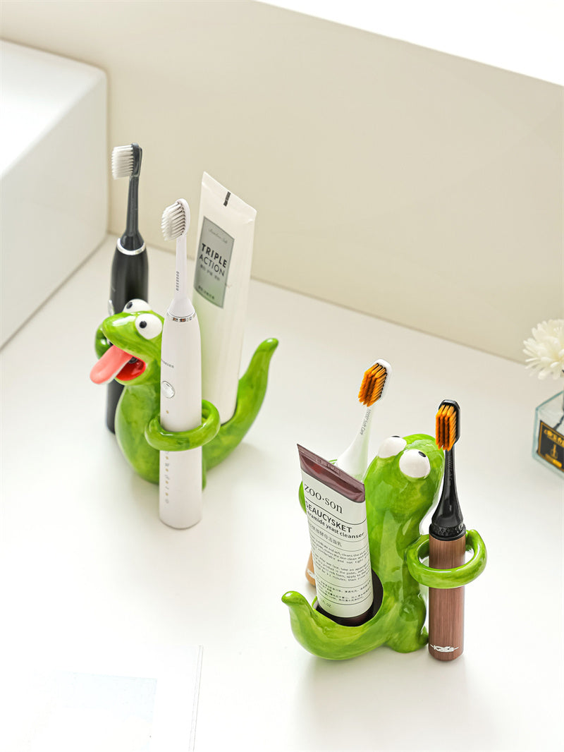 Funny Hugging Frog Ceramic Toothbrush Holder, Cartoon Animal Bathroom Vanity Organizer, Electric Toothbrush Holder, Novelty Bathroom Decor Gift