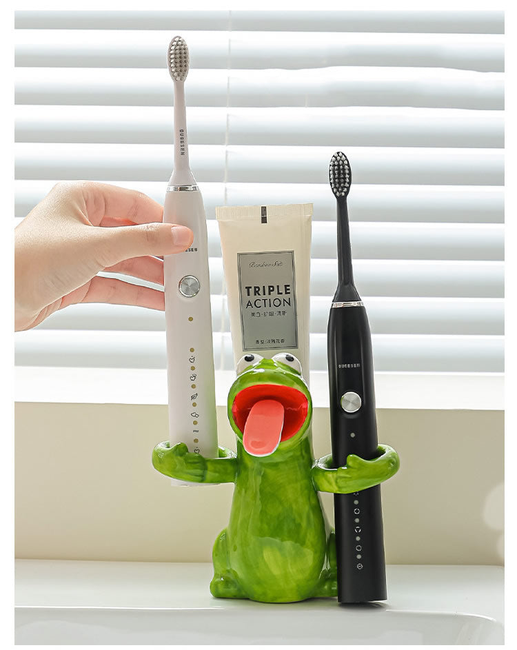 Funny Hugging Frog Ceramic Toothbrush Holder, Cartoon Animal Bathroom Vanity Organizer, Electric Toothbrush Holder, Novelty Bathroom Decor Gift
