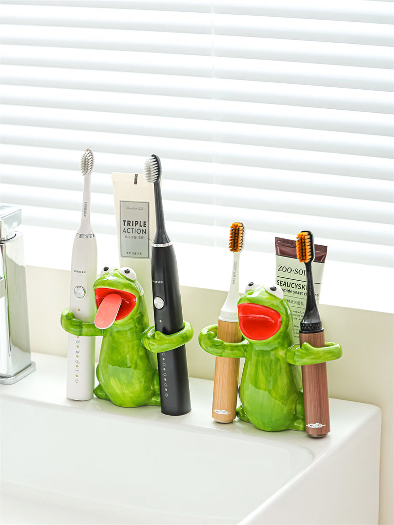 Funny Hugging Frog Ceramic Toothbrush Holder, Cartoon Animal Bathroom Vanity Organizer, Electric Toothbrush Holder, Novelty Bathroom Decor Gift