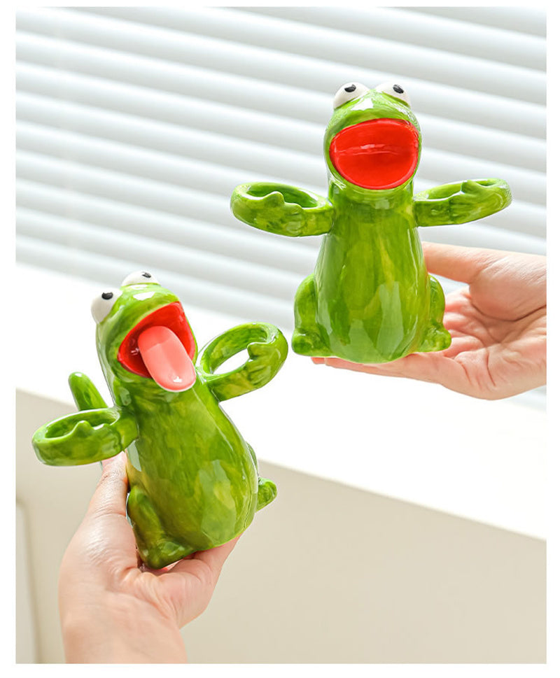 Funny Hugging Frog Ceramic Toothbrush Holder, Cartoon Animal Bathroom Vanity Organizer, Electric Toothbrush Holder, Novelty Bathroom Decor Gift