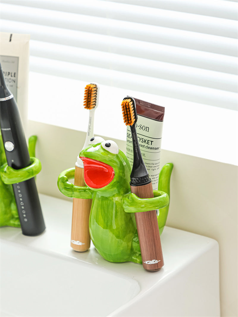 Funny Hugging Frog Ceramic Toothbrush Holder, Cartoon Animal Bathroom Vanity Organizer, Electric Toothbrush Holder, Novelty Bathroom Decor Gift