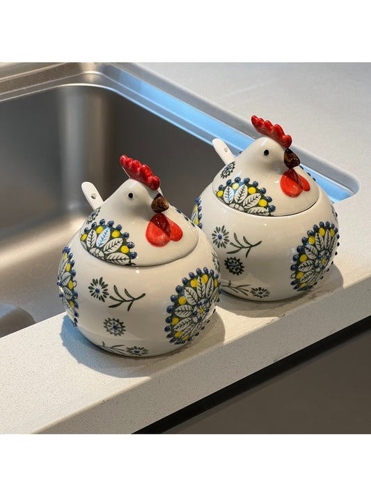 Funny Little Rooster Kitchen Spice Jar, Ceramic Sugar Bowl