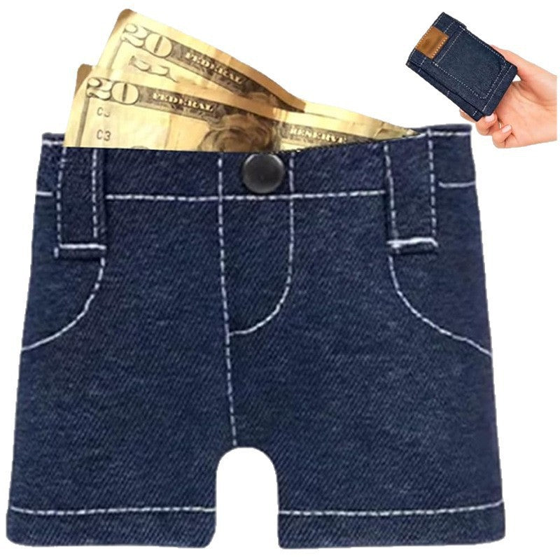 Funny Novelty Mini Denim Jean Shorts Shaped Bifold Wallet, Faux Denim Fabric Small Pants Money Card Holder with Coin Pocket, Creative Unique Cute Purse for Cash Credit Cards Coins