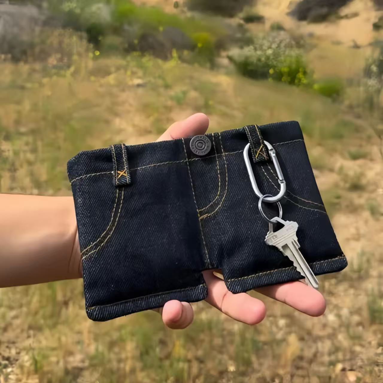Funny Novelty Mini Denim Jean Shorts Shaped Bifold Wallet, Faux Denim Fabric Small Pants Money Card Holder with Coin Pocket, Creative Unique Cute Purse for Cash Credit Cards Coins
