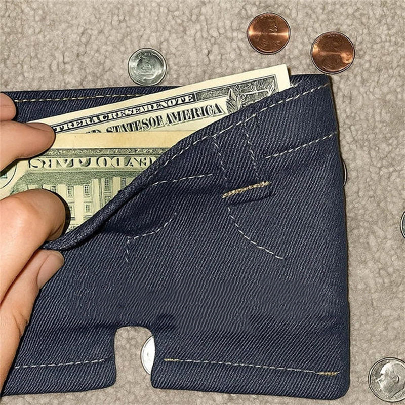 Funny Novelty Mini Denim Jean Shorts Shaped Bifold Wallet, Faux Denim Fabric Small Pants Money Card Holder with Coin Pocket, Creative Unique Cute Purse for Cash Credit Cards Coins