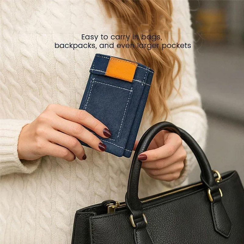Funny Novelty Mini Denim Jean Shorts Shaped Bifold Wallet, Faux Denim Fabric Small Pants Money Card Holder with Coin Pocket, Creative Unique Cute Purse for Cash Credit Cards Coins