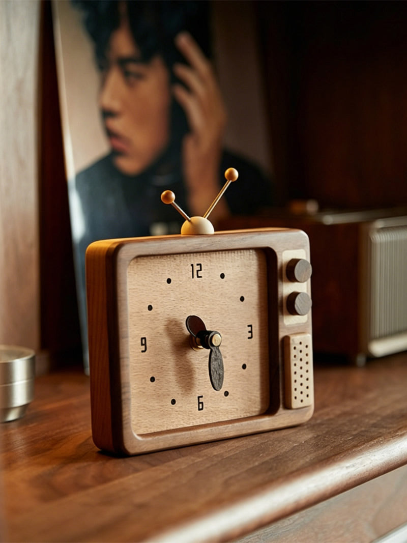Funny Retro Black Walnut Wooden TV Desk Clock - for Shelf & Office Decor