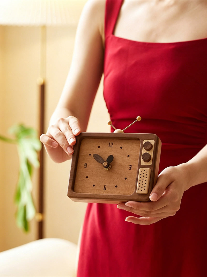 Funny Retro Black Walnut Wooden TV Desk Clock - for Shelf & Office Decor