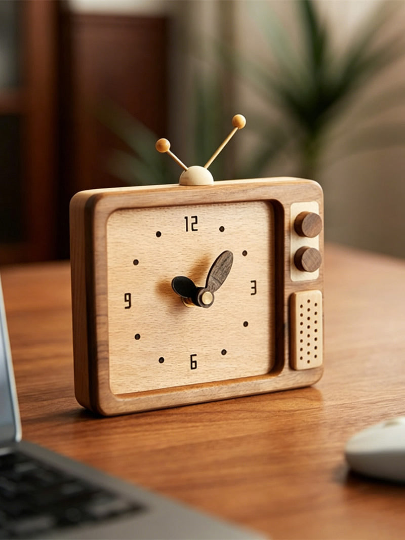 Funny Retro Black Walnut Wooden TV Desk Clock - for Shelf & Office Decor
