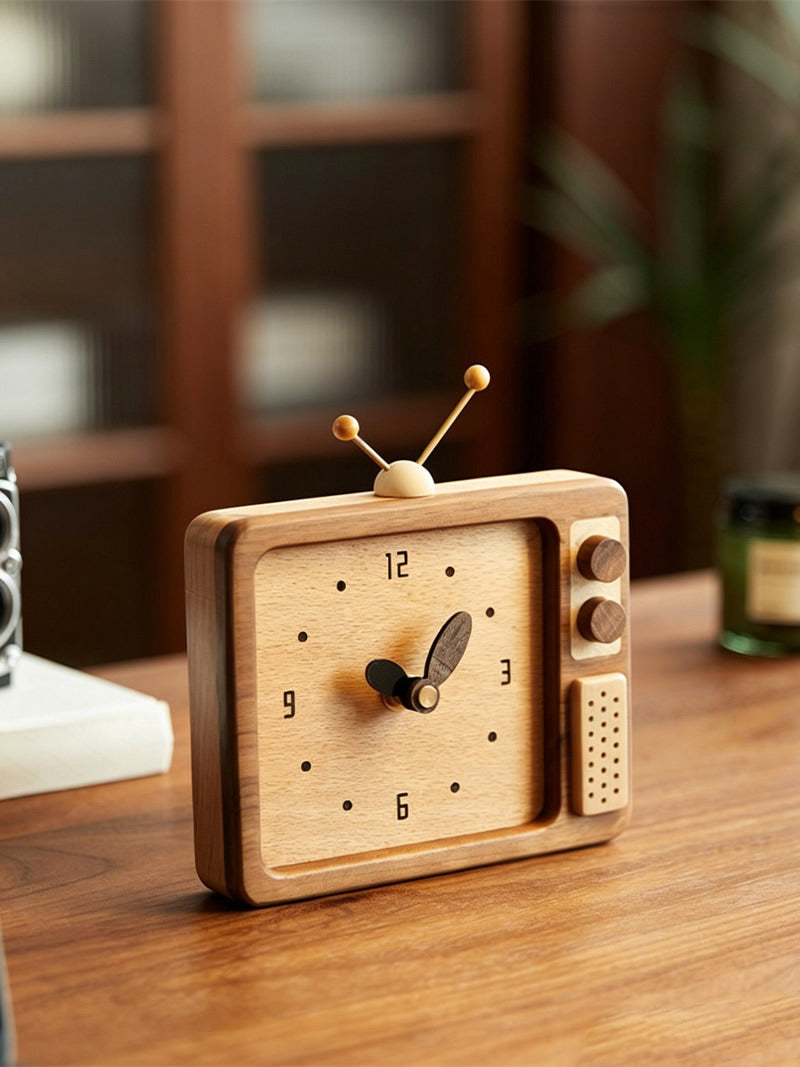 Funny Retro Black Walnut Wooden TV Desk Clock - for Shelf & Office Decor