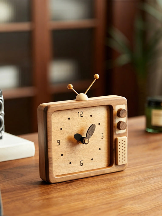 Funny Retro Black Walnut Wooden TV Desk Clock - for Shelf & Office Decor