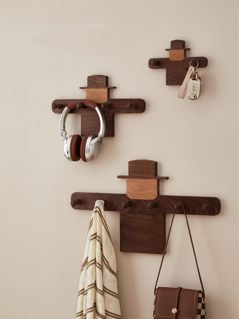 Scarecrow Wooden Wall Hooks - Rustic Coat Rack , Minimalist  Organizer for Keys, Bags & Hats