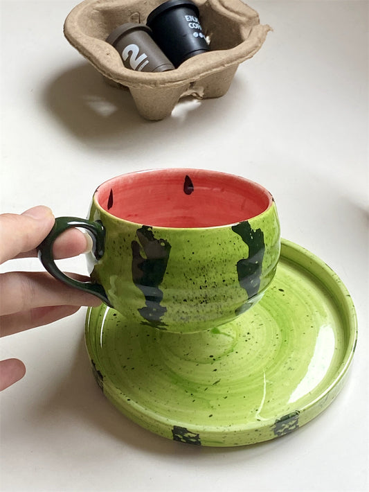 Funny Watermelon Ceramic Cup and Saucer Set, Creative Fruit - Inspired Drinkware