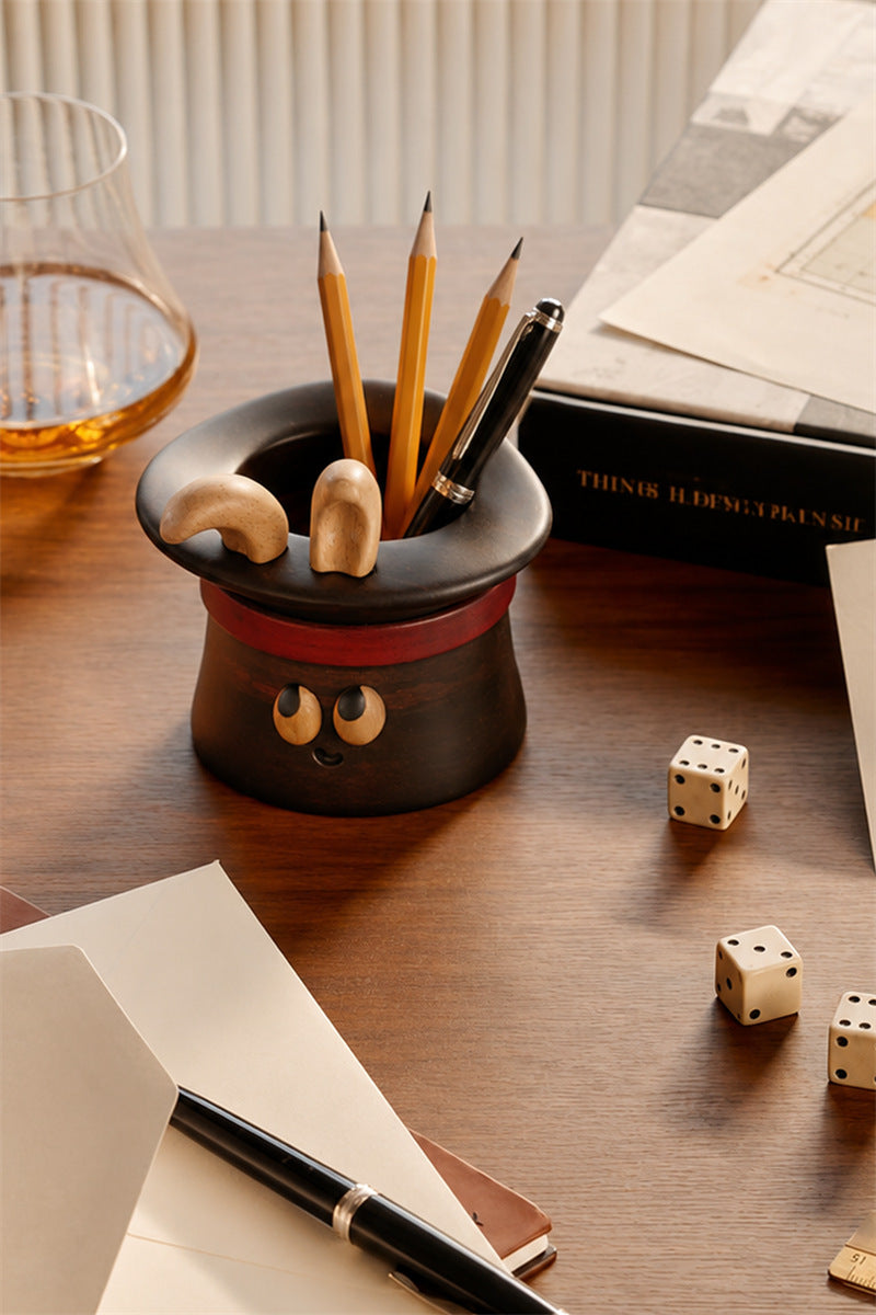 Funny Wood Makeup Brush Holder, Cute Magician Top Hat Pen Holder, Kawaii Cartoon Wooden Vanity Organizer, Rustic Table Decor