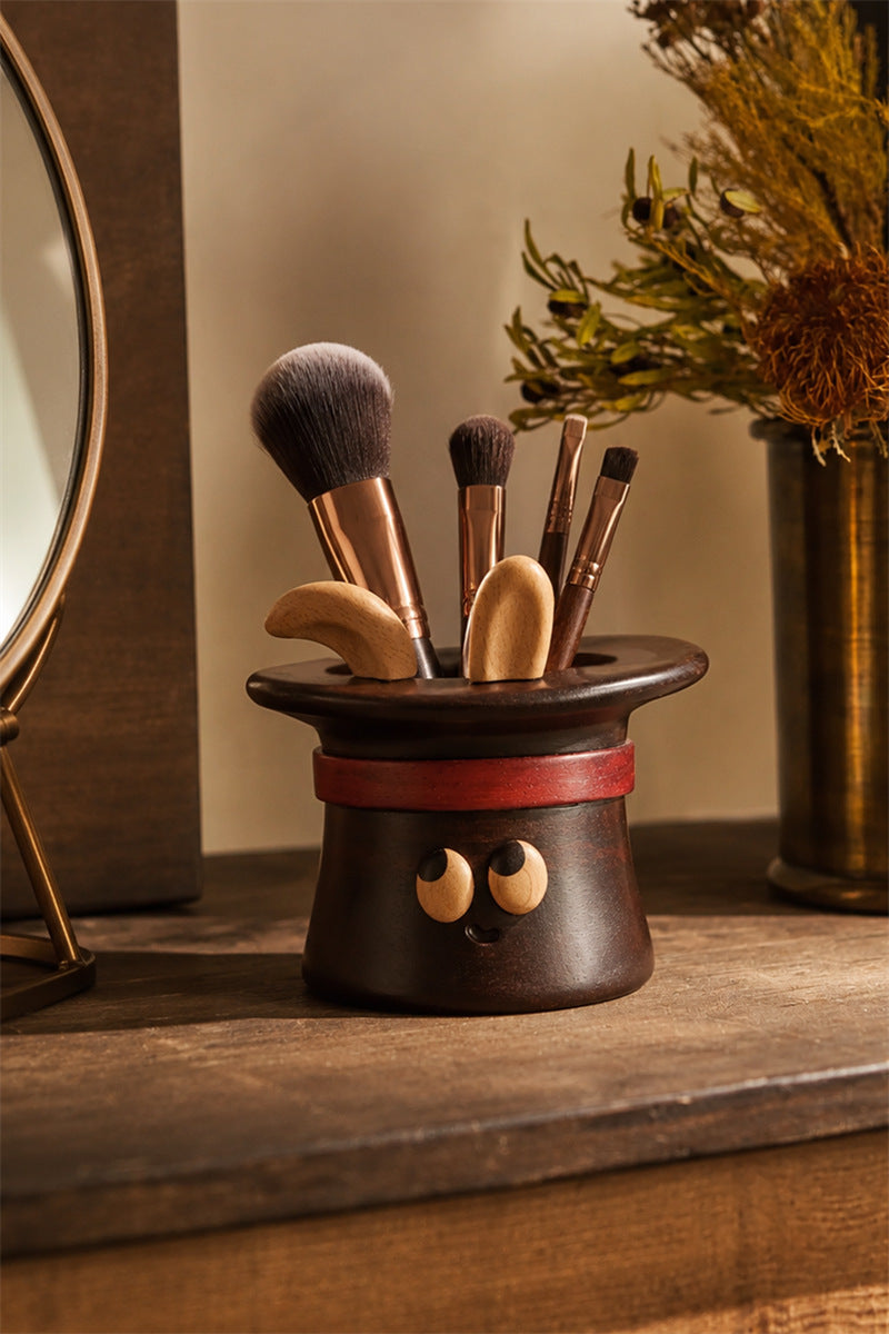 Funny Wood Makeup Brush Holder, Cute Magician Top Hat Pen Holder, Kawaii Cartoon Wooden Vanity Organizer, Rustic Table Decor