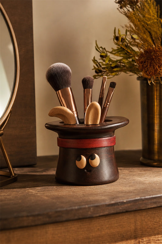 Funny Wood Makeup Brush Holder, Cute Magician Top Hat Pen Holder, Kawaii Cartoon Wooden Vanity Organizer, Rustic Table Decor